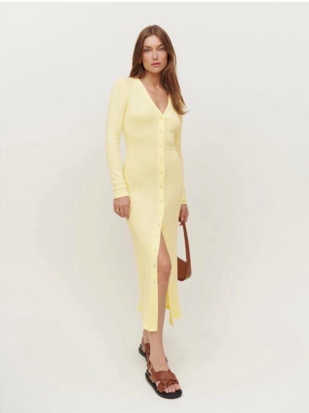 Reformation Ricky Dress - Butter Yellow Ribbed Button-Front Midi Dress